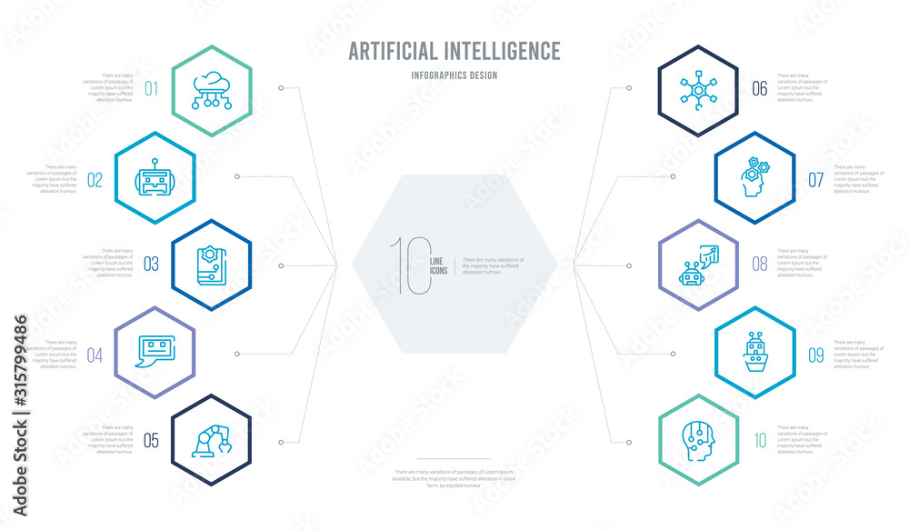 Poster artificial intelligence concept business infographic design with 10 hexagon options. outline icons s
