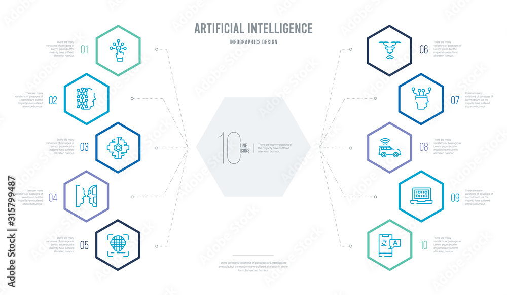 Poster artificial intelligence concept business infographic design with 10 hexagon options. outline icons s