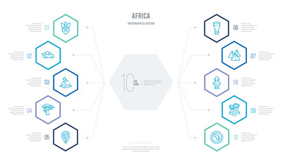 africa concept business infographic design with 10 hexagon options. outline icons such as africa, oasis, african, pyramids, african drum, baobab