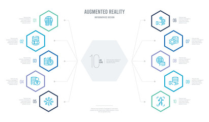augmented reality concept business infographic design with 10 hexagon options. outline icons such as tracking, value, available, efficiency, technical support, users