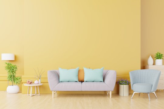 Bright and cozy modern living room interior have sofa and lamp with yellow wall background.