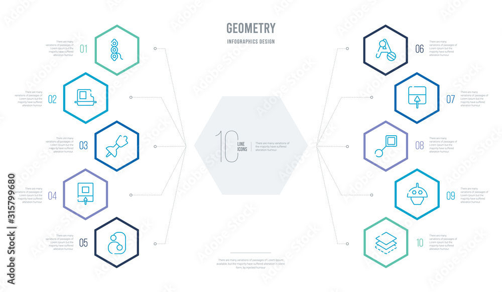 Poster geometry concept business infographic design with 10 hexagon options. outline icons such as layer, b