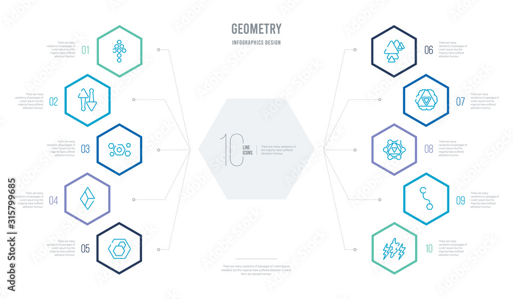 Poster geometry concept business infographic design with 10 hexagon options. outline icons such as lightnin