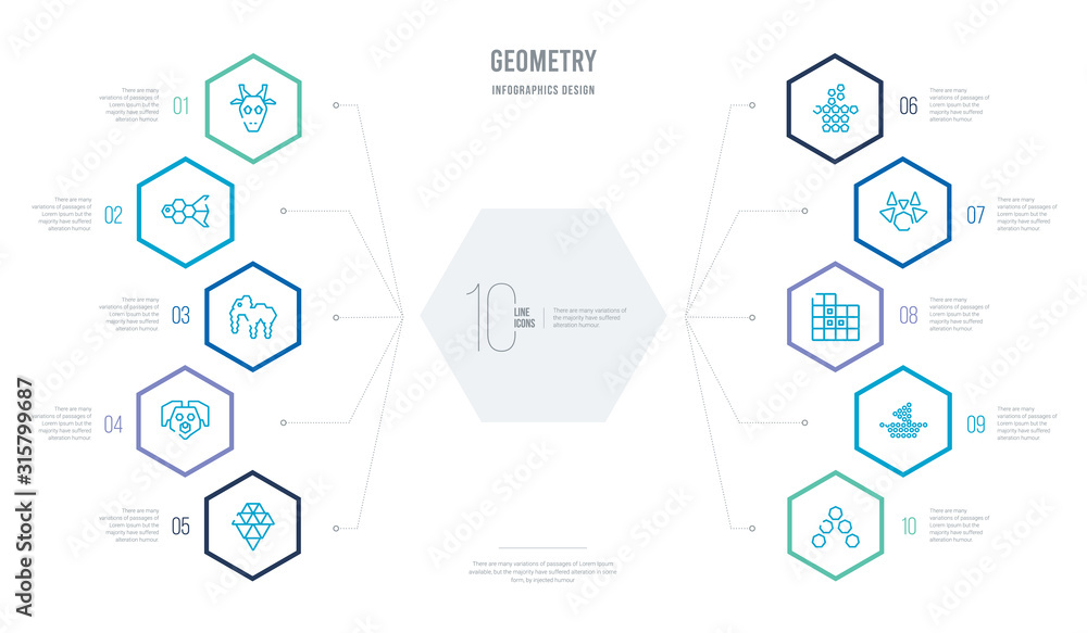 Poster geometry concept business infographic design with 10 hexagon options. outline icons such as polygona
