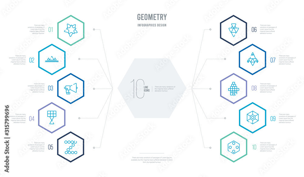 Poster geometry concept business infographic design with 10 hexagon options. outline icons such as polygona