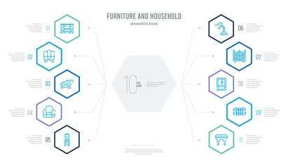 furniture and household concept business infographic design with 10 hexagon options. outline icons such as ottoman, radiator, refrigerator, shelf, table lamp, fauteuil