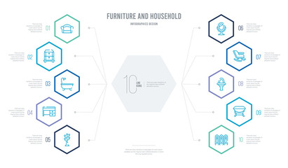 furniture and household concept business infographic design with 10 hexagon options. outline icons such as room divider, gateleg table, lowboy, rocking chair, mirror, desk