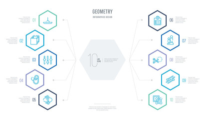geometry concept business infographic design with 10 hexagon options. outline icons such as ungroup, line, cut, leader, properties, clip