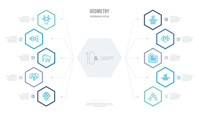 geometry concept business infographic design with 10 hexagon options. outline icons such as polygonal ascendant, polygonal boat of small triangles, polygonal buildings of small triangles, cat,