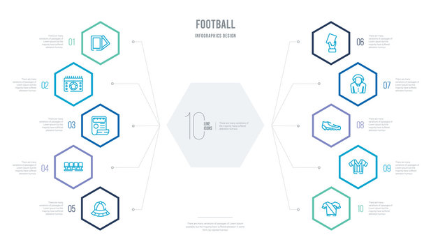 football concept business infographic design with 10 hexagon options. outline icons such as soccer jersey, referee jersey, football shoes, commentator, card, seats