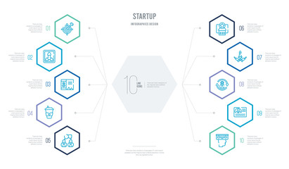 startup concept business infographic design with 10 hexagon options. outline icons such as decision, identity, adaptation, fight, franchise, coffee break