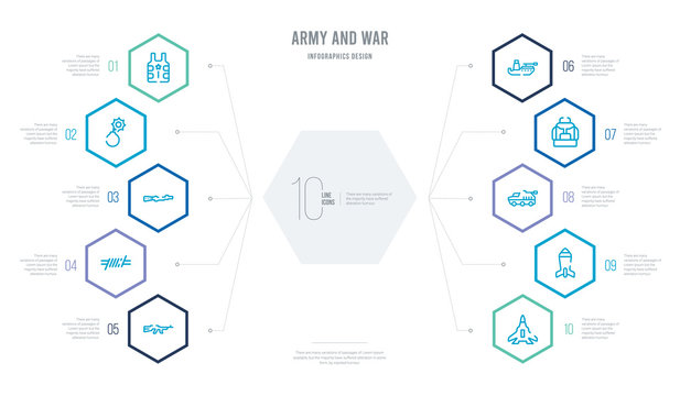 army and war concept business infographic design with 10 hexagon options. outline icons such as air force, airplane bomb, armo vehicle, army backpack, army boat, barbed