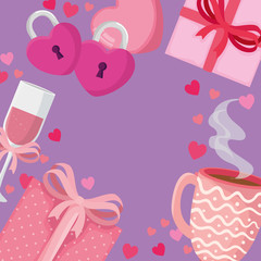 cup champagne with set icons for san valentines day