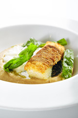 Breaded Fried Halibut Fillet with Parsnip Puree Isolated