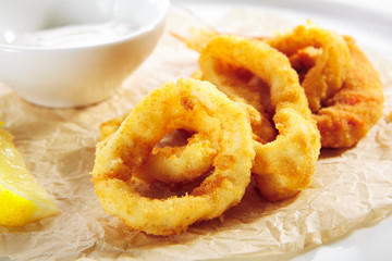 Breaded Fried Squid Rings and Shrimp with Tartar Sauce