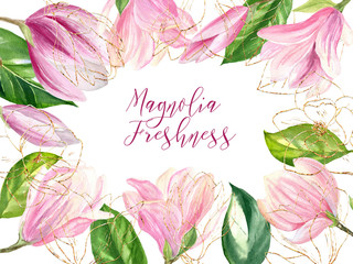 finished picture with the inscription freshness Magnolia with pink flowers and gold outline of flowers on a white background