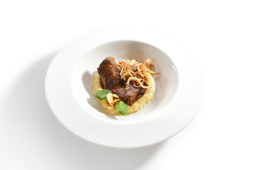 Beef Cheeks with Mashed Potatoes, Greens and Onion Fries
