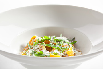 Tortellini with Perch and Tomato Sauce in Restaurant Isolated