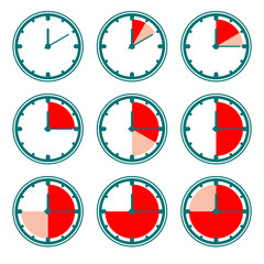 Green clock vector icons with red minutes charts.