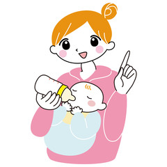 Obraz premium 母親 授乳 ミルク 哺乳瓶 指差し