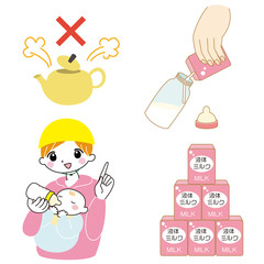 ミルクを飲む赤ちゃん　母親　哺乳瓶　ミルク　災害