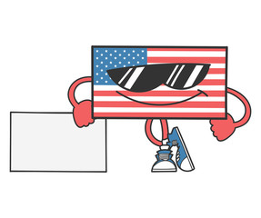 american flag cartoon with sunglasses leaning on sign
