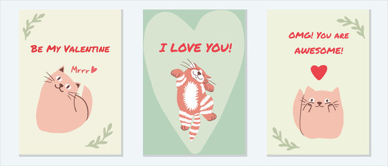 Set of hand drawn Valentine's day greeting cards with lettering and cute different Cats characters. I love you, be my valentine concept, 14 febrary, you are awesome. Vector postcard collection