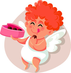 Funny Cupid Eating Chocolate Pralines from Heart Shaped Box
