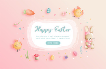 Fototapeta na wymiar Happy Easter with cute bunny and Easter eggs in paper cut style vector illustration.