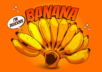 Vector illustration of a realistic Green Banana drawing, comic style cover template background, speech bubbles, picture art and abstract background, EPS10 © kirkchai