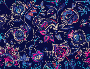 Decorative seamless floral pattern for fabric, tapestry, wallpaper and backgrounds in the style of a traditional oriental paisley pattern.