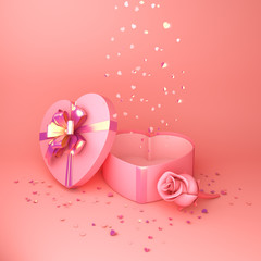 Happy Valentines Day, Rose flower heart shape gift box , gold confetti glitter on pink background. Greeting card, flat lay, banner, layout, copy space text area. 3D rendering illustration.