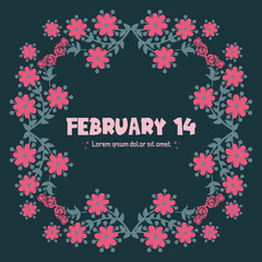 Template for 14 February card design, with beautiful of leaf and pink floral frame. Vector