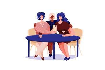 Three girls taking selfie photo. Isolated cartoon design concept on white background. Vector web site design template. Landing page website concept illustration