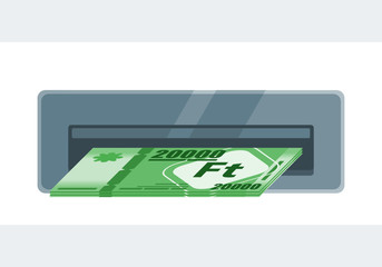 Withdraw Hungarian Forint money from ATM Machine vector illustration flat design. Hungary Payment and finance element.  Can be used for web and mobile, infographic and print.