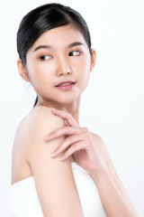 Portrait beautiful young asian woman clean fresh bare skin concept. Asian girl beauty face skincare and health wellness, Facial treatment, Perfect skin, Natural make up, on white background