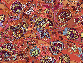 Decorative seamless floral pattern for fabric, tapestry, wallpaper and backgrounds in the style of a traditional oriental paisley pattern.