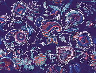 Decorative seamless floral pattern for fabric, tapestry, wallpaper and backgrounds in the style of a traditional oriental paisley pattern.