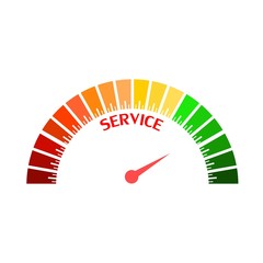 Scale with arrow. Service level measuring device icon. Sign tachometer, speedometer, indicators. Infographic gauge element.