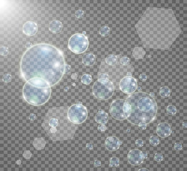 White beautiful bubbles on a transparent background vector illustration. Soap bubbles.