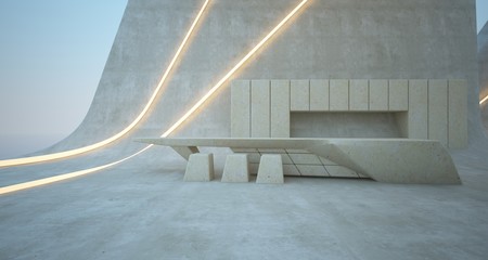 Abstract architectural concrete interior of a modern villa. 3D illustration and rendering.