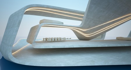 Abstract architectural concrete interior of a modern villa. 3D illustration and rendering.