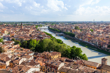 Verona, Italy, on April 24, 2019. Aerial a view of the old city and the river embankments of Adige...