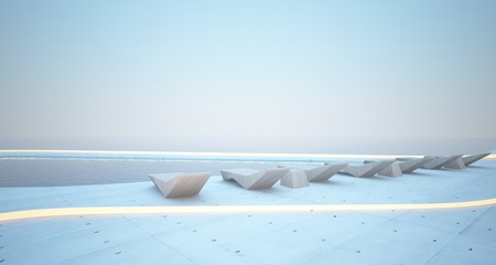 Abstract architectural concrete, wood and glass interior of a modern villa on the sea with swimming pool and neon lighting. 3D illustration and rendering.