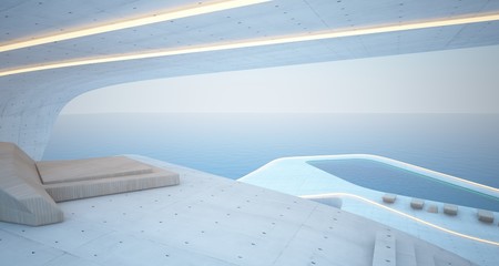 Abstract architectural concrete, wood and glass interior of a modern villa on the sea with swimming pool and neon lighting. 3D illustration and rendering.