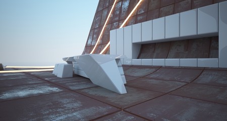 Abstract architectural concrete and rusted metal of a modern villa on the sea with swimming pool and neon lighting. 3D illustration and rendering.