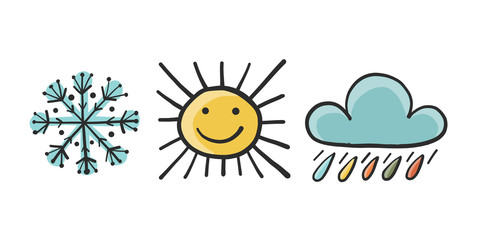 Weather icons set. Snow sun and rain. Sketch for your design