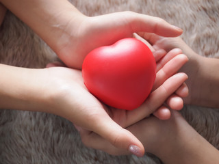 The couple's family's hands hold a red heart.Health care concept.
