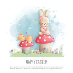 Easter card with cute bunny and chicken in paper cut style. Vector illustration