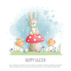 Easter card with cute bunny and chicken in paper cut style. Vector illustration